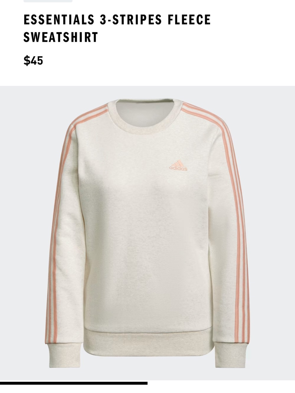 Adidas Cream Crewneck Sweatshirt with Coral Accent Stripes
